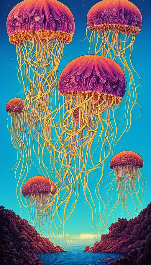 Prompt: The land of the floral jellyfish, italian futurism, Dan Mumford, da vinci, Josan Gonzalez