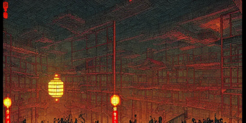 Image similar to artwork of a chinese prison by dan mumford and toshi yoshida and peter doig, vintage scifi, highly detailed, dramatic lighting, 8 k