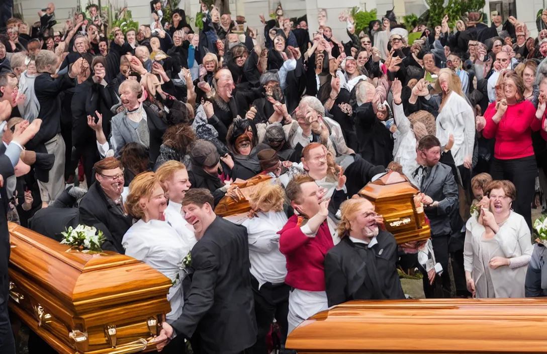 Image similar to People laughing and pointing at an open casket funeral
