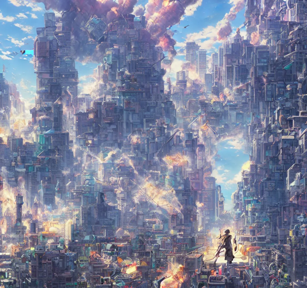 Prompt: Giant robot , twice the size of the buildings, walking through a cityscape while eating a donut the size of its head, one of the buildings is on fire and smoking by Makoto Shinkai and thomas kinkade