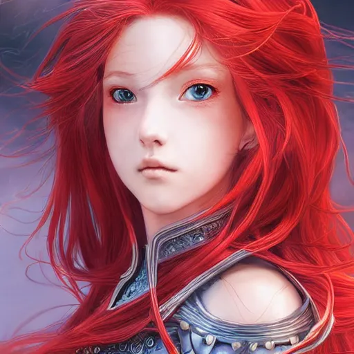 Image similar to a long - red - haired female knight as an absurdly beautiful, elegant, young sensual anime girl, river in background, ultrafine hyperrealistic detailed face illustration by kim jung gi, irakli nadar, intricate linework, sharp focus, bright colors, matte, final fantasy, unreal engine highly rendered, global illumination, radiant light, intricate environment