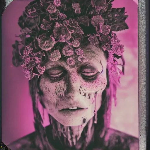 Image similar to a beautiful detailed front view portrait of a rotten woman corpse with fractal plants and fractal flowers growing around, volumetric light, beautiful lit, polaroid photography