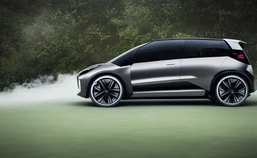 Image similar to the electric suv honma will release soon, outdoor product photography on a golf course, fog, very besautiful ambient light, sun rays behind the lake