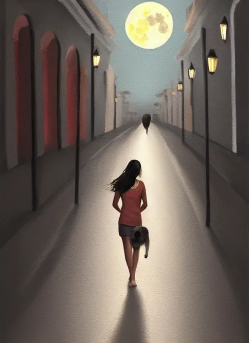 Prompt: young beautiful brown woman walking with her dog on Paseo Montejo in Merida Mexico at night with a full moon, illustration, photoreal, fantasy, trending. masterpiece work of art . oil on canvas. Digitally painted. Realistic. 3D. 8k. UHD.