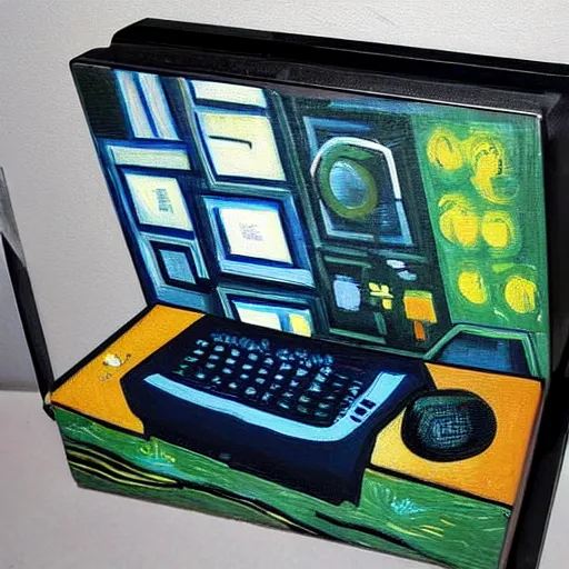 Image similar to oil painting of a gamer computer gamer pc, oil in canvas, painted by van gogh