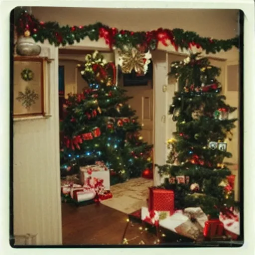 Image similar to polaroid photograph of christmas themed basement