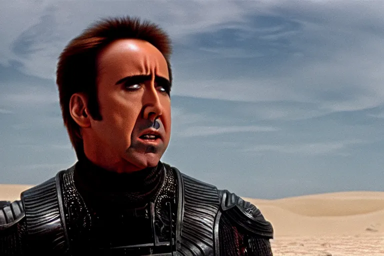 Prompt: Nicolas cage in dune high resolution still film