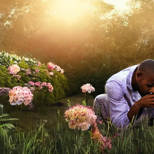 Image similar to A photo of Frank Ocean crying in the middle of a garden, 8K concept art, dreamy, garden, bushes, flowers, golden hour, vintage camera, detailed, UHD realistic faces, award winning photography, cinematic lighting