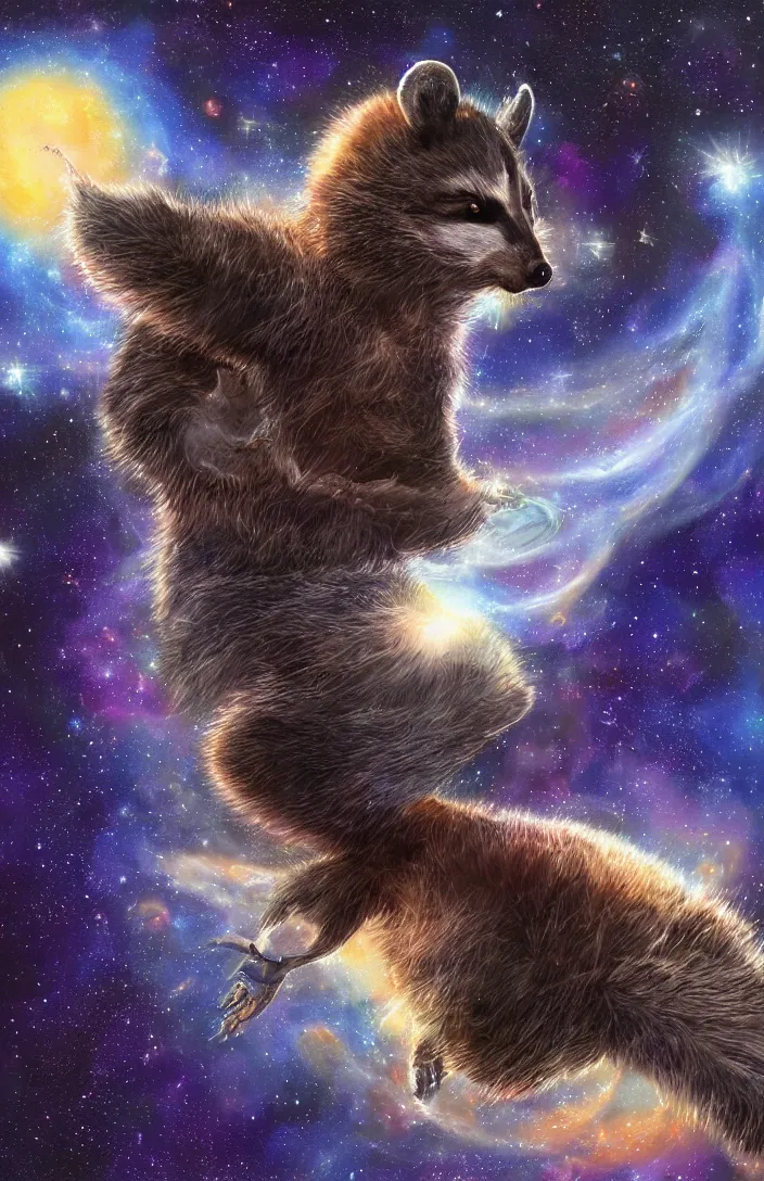 Image similar to A digital concept art painting a space cosmic racoon in the stars, space art concept