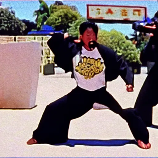 Prompt: Film still of Los Angeles Vice Squad (1990). Epic kung-fu villian scene. Sigma 85mm f/8