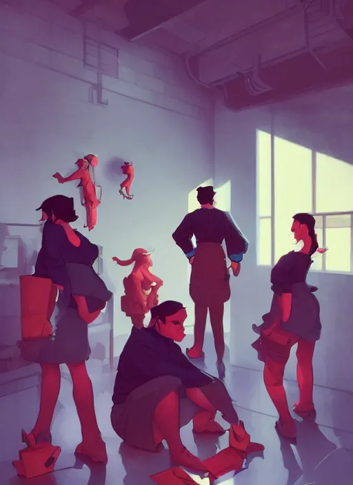 Prompt: depressed workers who look like perfect copies at an assembly line, in the style of artgerm, gerald brom, atey ghailan and mike mignola, vibrant colors and hard shadows and strong rim light, plain background, comic cover art, trending on artstation