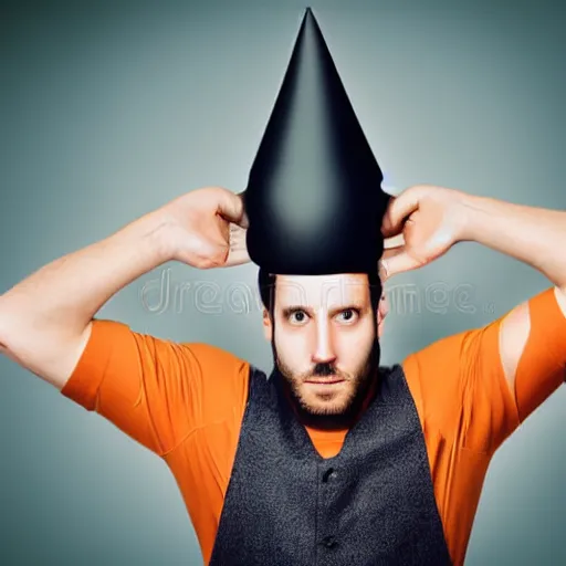 Prompt: man wearing car wheel on head as hat stock photo