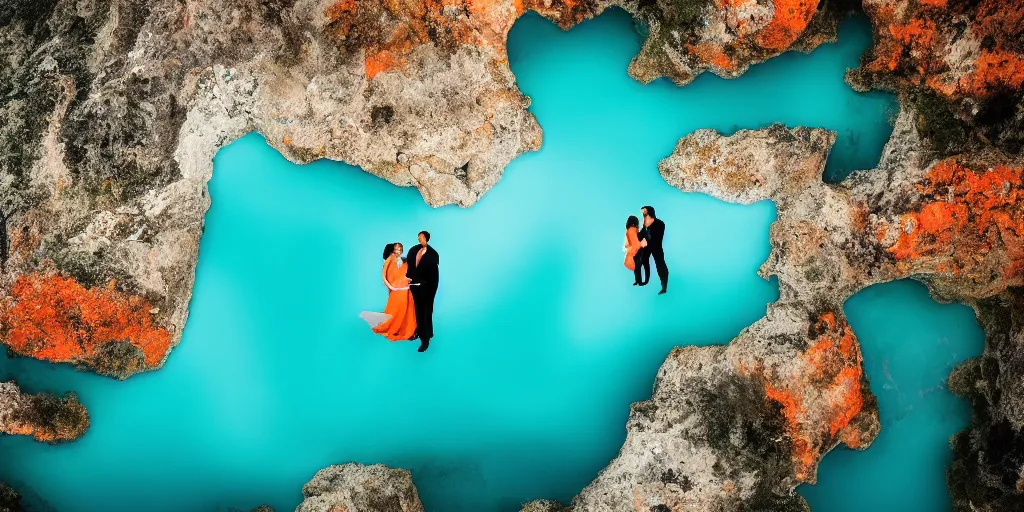 Image similar to a beautiful couple holding their hands on a cloud high above emerald lagoon of Sint-Marteen with a speaker with visible music coming from, mattepainting concept Blizzard, teal and orange tone, beautiful and breathtaking