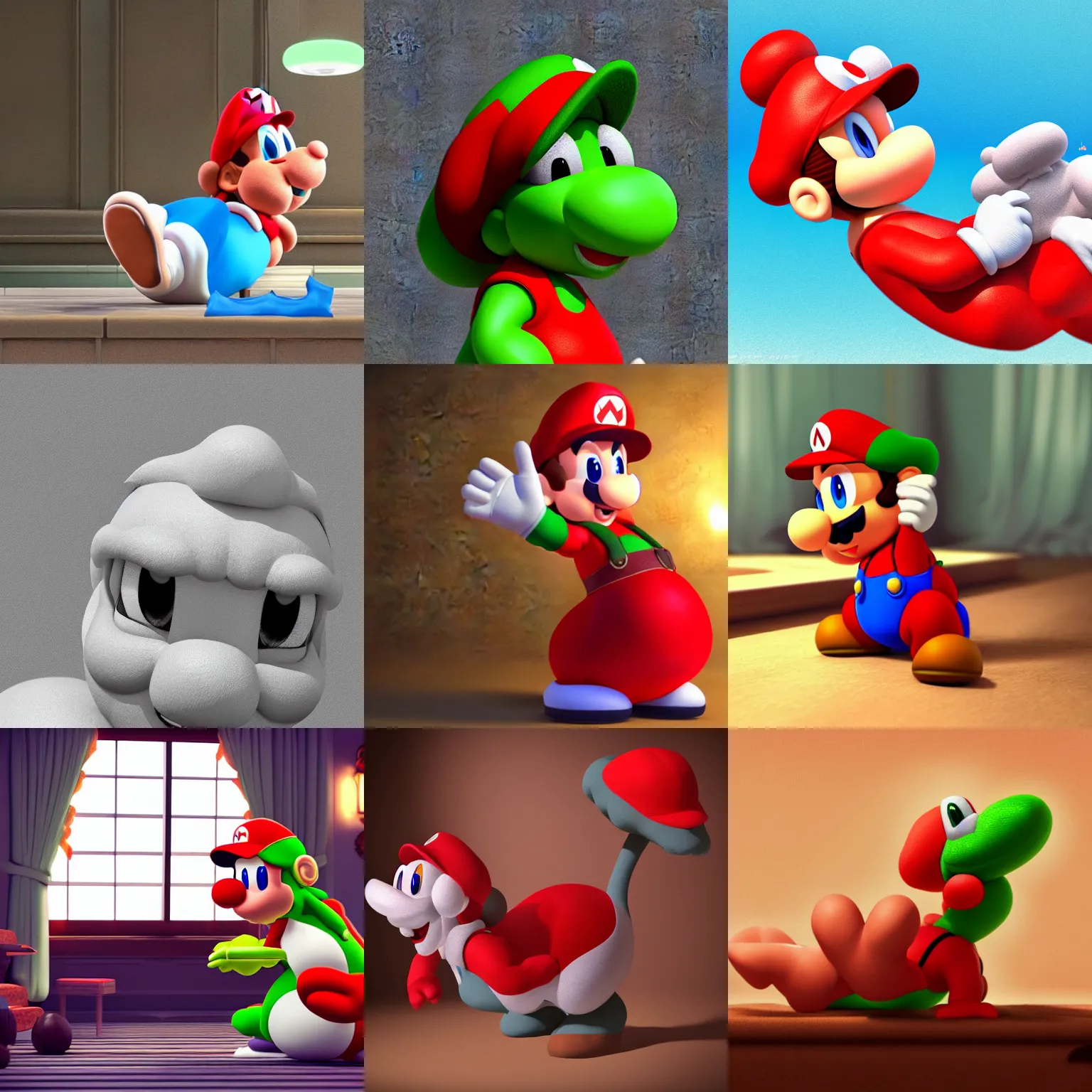 Prompt: yoshi from mario, super mario 3 d render, says “ i want you to draw me like one of your french girls ”, titanic, movie still, cinematic lighting, boudoir painting