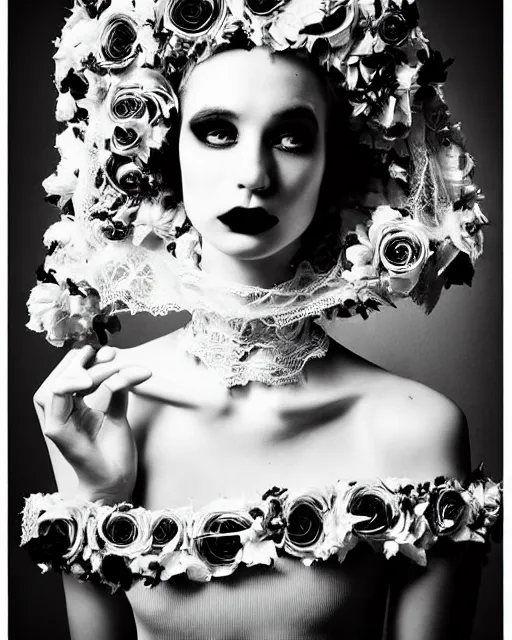 Prompt: dreamy surreal poetic black and white photo of a beautiful young female-cyborg-vegetal with a very long neck and a super big gothic lace collar and a very high big floral crown with many black dry roses by Vivienne Westwood:: smoke, high fashion, haute couture, rococo, avant-garde, elegant, dreamy, hyper realistic, 150 mm lens, soft rim light, octane render, unreal engine, picture was taken in 1910 by Dora Maar, volumetric lighting, dramatic light,8k,