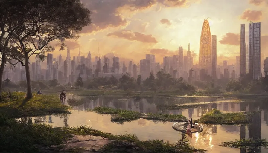 Prompt: capital city of the free republic of liberland, pretty women enjoying water, humongous green glass dome and path around it and humongous futuristic glass buildings built in the horizon, sunset light, hyperdetailed, artstation, painting by gaston bussiere, craig mullins, j. c. leyendecker, 8 k