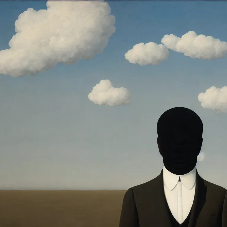 Image similar to portrait of a faceless shadow - head man in a suit, clouds in the background, by rene magritte, detailed painting, distance, middle centered, hd, hq, high resolution, high detail, 4 k, 8 k