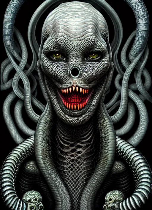 Image similar to lovecraft giger fractal snake portrait, pixar style, by tristan eaton stanley artgerm and tom bagshaw.