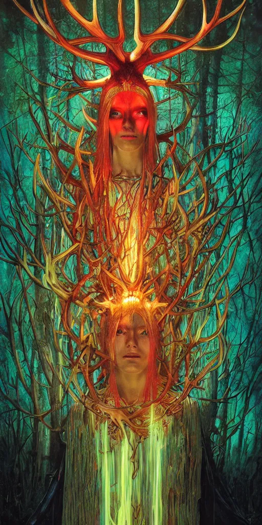 Image similar to intense glowing pagan god with antlers and veins and intense glowing eyes in very dark forest by karol bak and beksinski and alphonse mucha, portrait, fantasy, clear, light beams, lens flare, intense, uhd, red and teal and yellow, amazing depth, cinematic lighting