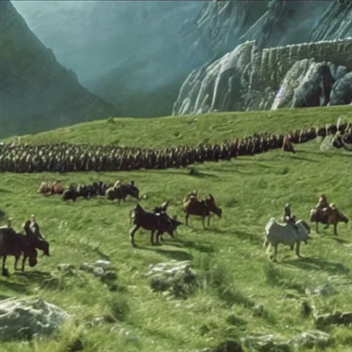 Image similar to still from lord of the rings showing the ride of the rohirrim, riding toward minas tirith on alpacas