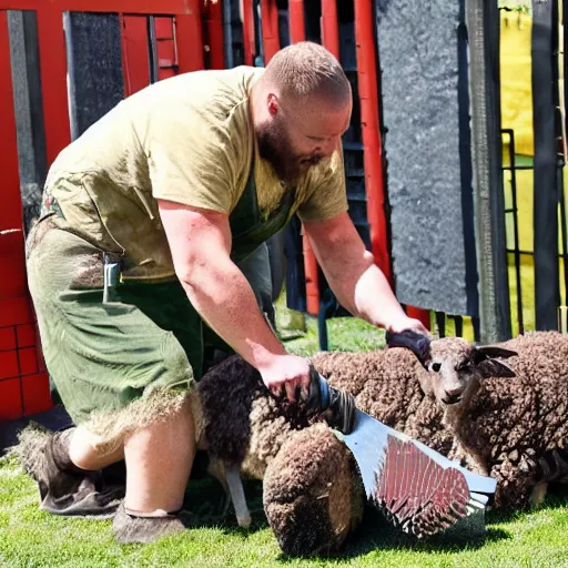 Image similar to ragnar lothrbok cutting off head of lamb at the pet n play zone in zoo with children crying around him while he laughs with beer and bloody axe in hand