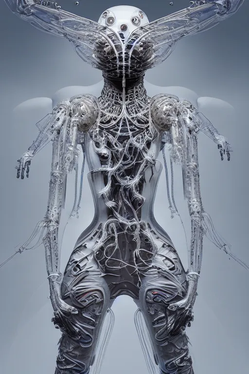 Image similar to background space station, baroque inflateble dress iris van herpen positing on floor, perfect symmetrical, full body shot, white helmet on face, inflateble shapes, wires, tubes, veins, jellyfish, white biomechanical details, wearing epic bionic implants, masterpiece, intricate, biopunk, vogue, highly detailed, artstation, concept art