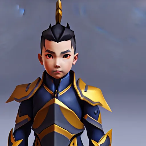 Prompt: a young boy with the appearance and armor of hanzo from overwatch, design, octane render, 4 k, ingame shot