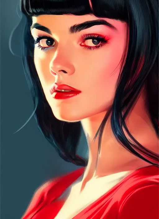 Image similar to portrait of veronica lodge with bangs, 1 9 6 0 s, long hair, red clothes, bangs, intricate, elegant, glowing lights, highly detailed, digital painting, artstation, concept art, smooth, sharp focus, illustration, art by wlop, mars ravelo and greg rutkowski