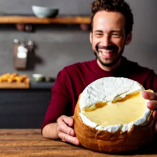 Image similar to a man is happy by siting on a camembert