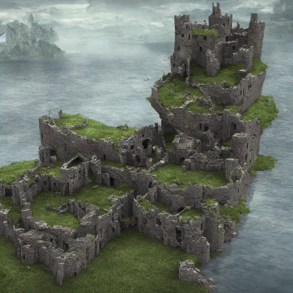 Prompt: ruined castle on a small island only reachable by a small land bridge, 8 k, ultra realistic cinematic, intricate, cinematic light, concept art, illustration, art station