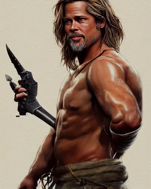 Prompt: Brad Pitt as Robinson Crusoe, fantasy art, in the style of artgerm, illustration, epic, fantasy, intricate, hyper detailed, artstation, concept art, smooth, sharp focus, ray tracing, vibrant, photorealistic