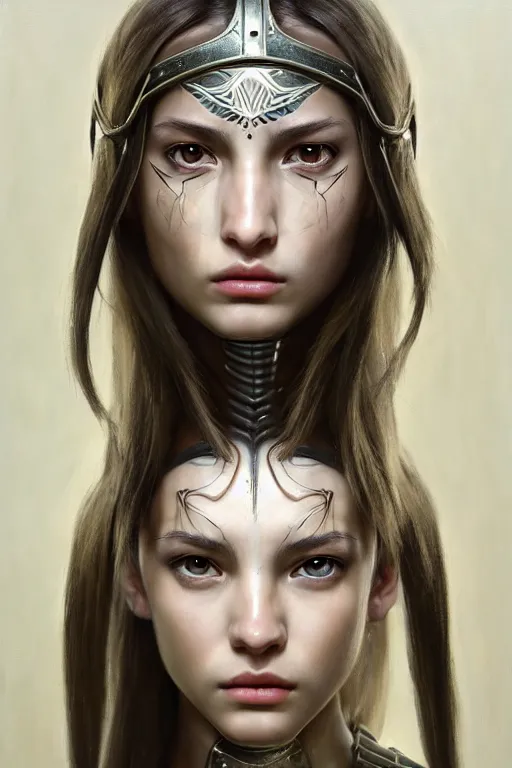 Image similar to a photorealistic painting of an attractive young girl, partially clothed in metal-plated battle armor, olive skin, long dark hair, beautiful bone structure, symmetrical face, perfect eyes, intricate, elegant, digital painting, concept art, illustration, sharp focus, minimal artifacts, from Metal Gear, in the style of Ruan Jia and Mandy Jurgens, by Greg Rutkowski, trending on Artstation, award winning