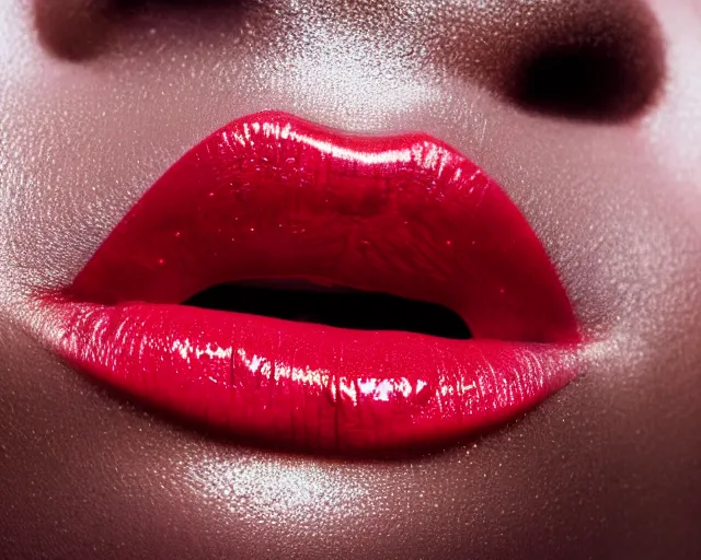 Prompt: big plump lips with red lipgloss reflecting on the surface. closeup