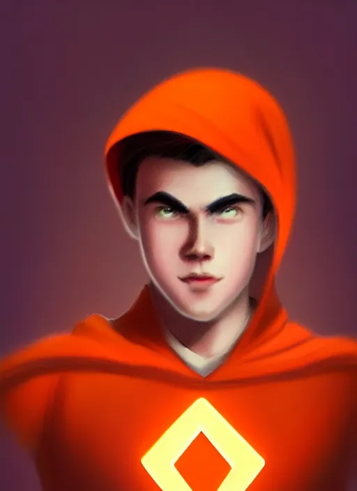 Image similar to kind teenage archie andrews wearing an orange superhero costume, superhero costume with heart emblem, cape, intricate, elegant, glowing lights, highly detailed, digital painting, artstation, sharp focus, illustration, art by wlop, mars ravelo and greg rutkowski