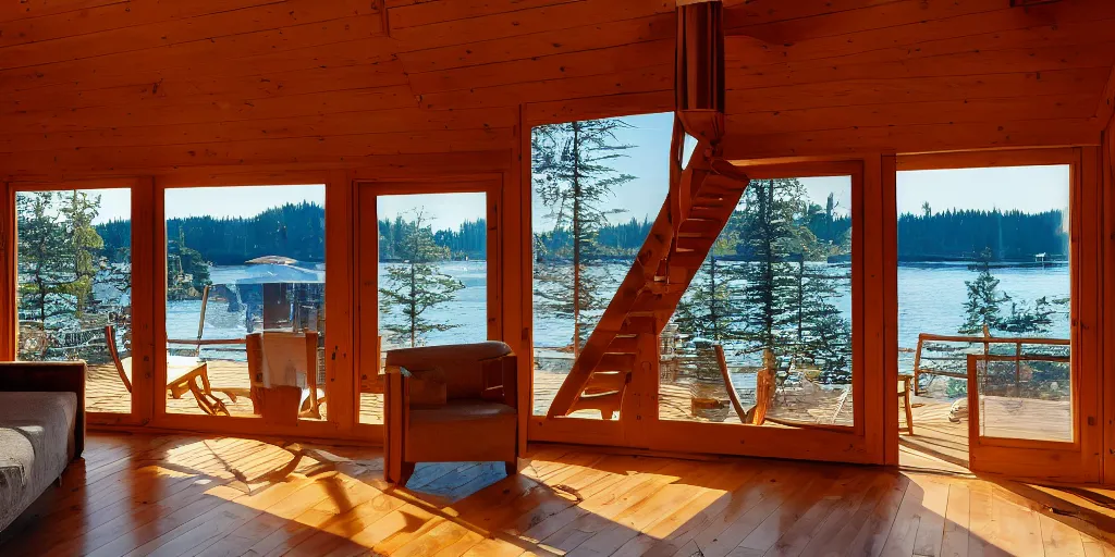 Prompt: a sunlit indoor lounge area with an indoor pool with clear water next to a big window, a wooden staircase goes up to an upper half floor of the cabin, taken during sunset (golden hour)