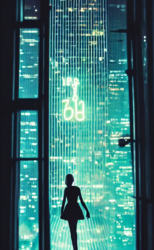 Image similar to vertical movie frame, silhouette of a girl in 7 0's retro club, editorial, fashion, neon - decorated urban on night in the city seen through the window, modern architecture design, vintage, night, blade runner, dark, clean lines, asian futuristic city at distance, big windows, octane, wide angle