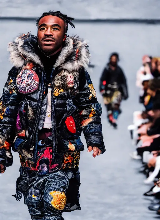 Image similar to hyperrealistic and heavy detailed moncler runway show of lil uzi vert, leica sl 2 5 0 mm, vivid color, high quality, high textured, real life