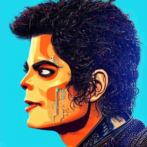 Prompt: vibrant ultra clear sideview portrait of cyborg michael jackson by sandra chevrier laurie greasley gustave dore ron english, cybernetics, cinematic dramatic lighting, path tracing render, hypermaximalist