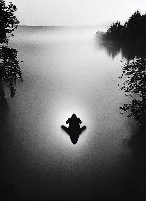 Image similar to “semitranslucent smiling frog amphibian vertically hovering over misty lake waters, frog in Jesus Christ pose, low angle, long cinematic shot by Andrei Tarkovsky, paranormal, eerie, mystical”