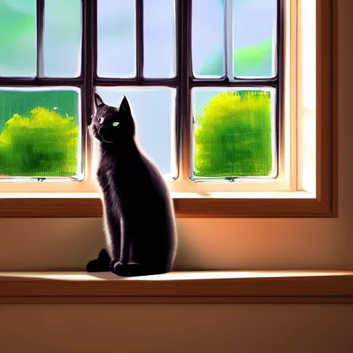 Image similar to peaceful dreamy painting of a content black cat sitting by a window, sunshine coming through the window, small plants on the window sill, golden hour, 4k resolution, highly detailed