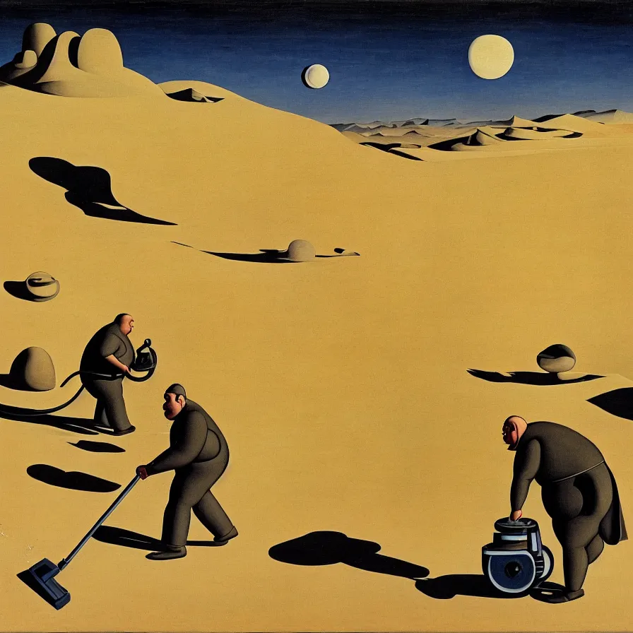 Image similar to a fat man pushing a vacuum cleaner through the desert . It's night time and there is a full moon. In the background we see hills. surrealist painting , Giorgio de Chirico