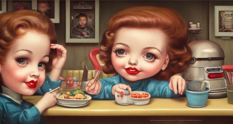 Image similar to closeup profile portrait of a 1 9 5 0 s diner, nicoletta ceccoli, mark ryden, lostfish, max fleischer, hyper realistic, artstation, illustration, digital paint, matte paint, vivid colors, bright, cheerful, detailed and intricate environment