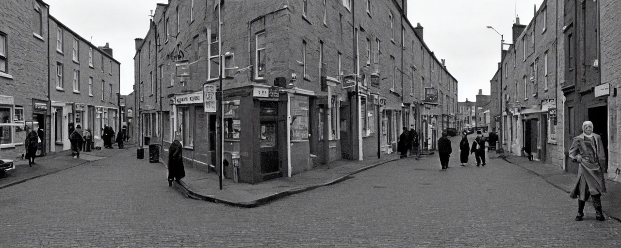 Prompt: street life in kirkwall orkney, from 2001: A Space Odyssey (1968), cinematic,