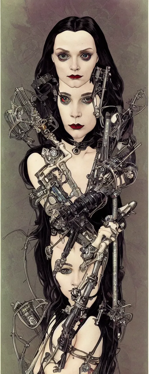 Image similar to beautiful stunning sci - fi art nouveau portrait of wednesday addams as a heavy metal industrial crustpunk rebel soldier by michael kaluta, moebius and alphonse mucha, photorealism, extremely hyperdetailed, perfect symmetrical facial features, perfect anatomy, ornate declotage, weapons, circuitry, high technical detail, determined expression, piercing gaze