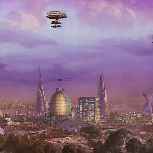 Prompt: a steampunk airship flies over santiago of chile, purple dawn, costanera center, by greg rutkowski and ivan shishkin