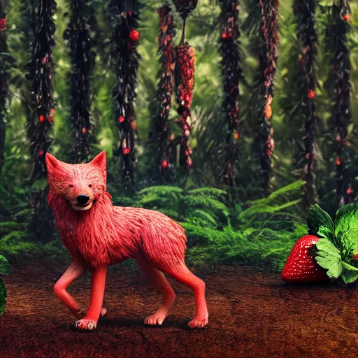 Image similar to a strawberry wolf roaming through the woods of a chocolate tree forest, photorealistic, cinematic