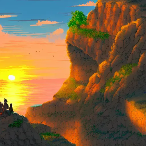Image similar to a knight rests on a cliff above a cozy and cute seaside village at sunset, dramatic lighting, vivid color, snes screenshot, pixels, trending on artstation