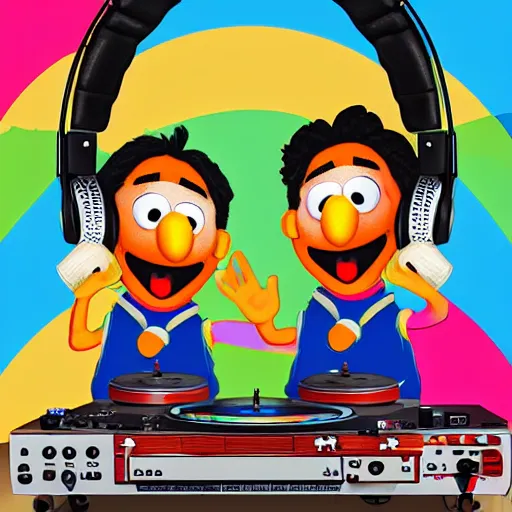 Image similar to svg sticker of a Pop-Wonder Bert&Ernie, Sesame-Street, at a rave, spinning records, giant headphones rocking out, wearing headphones, huge speakers, dancing, rave, DJ, spinning records, digital art, amazing composition, rule-of-thirds, award-winning, trending on artstation, featured on deviantart