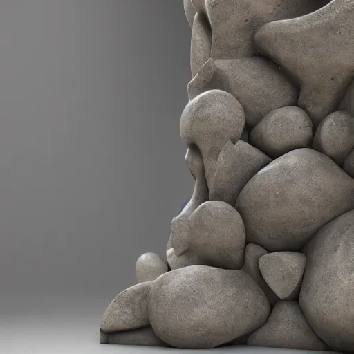 Image similar to a sculpture carved out of stone in the very organic elaborate fluid textures, in a brutalist gallery space of concrete, global illumination, octane render, extreme detail, very intricate, hyperrealism 8 k