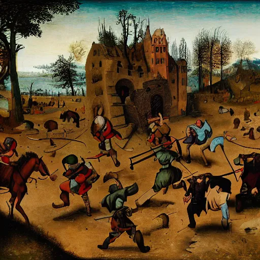 Image similar to adventuring party in eldritch ruins, fantasy, golden hour, in the style of pieter bruegel